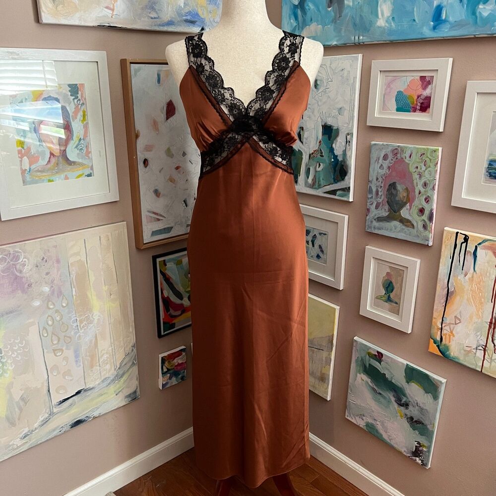 Abercrombie & Fitch Brown Copper Satin Lace Trim Slip Dress‎ Maxi Coquette XS